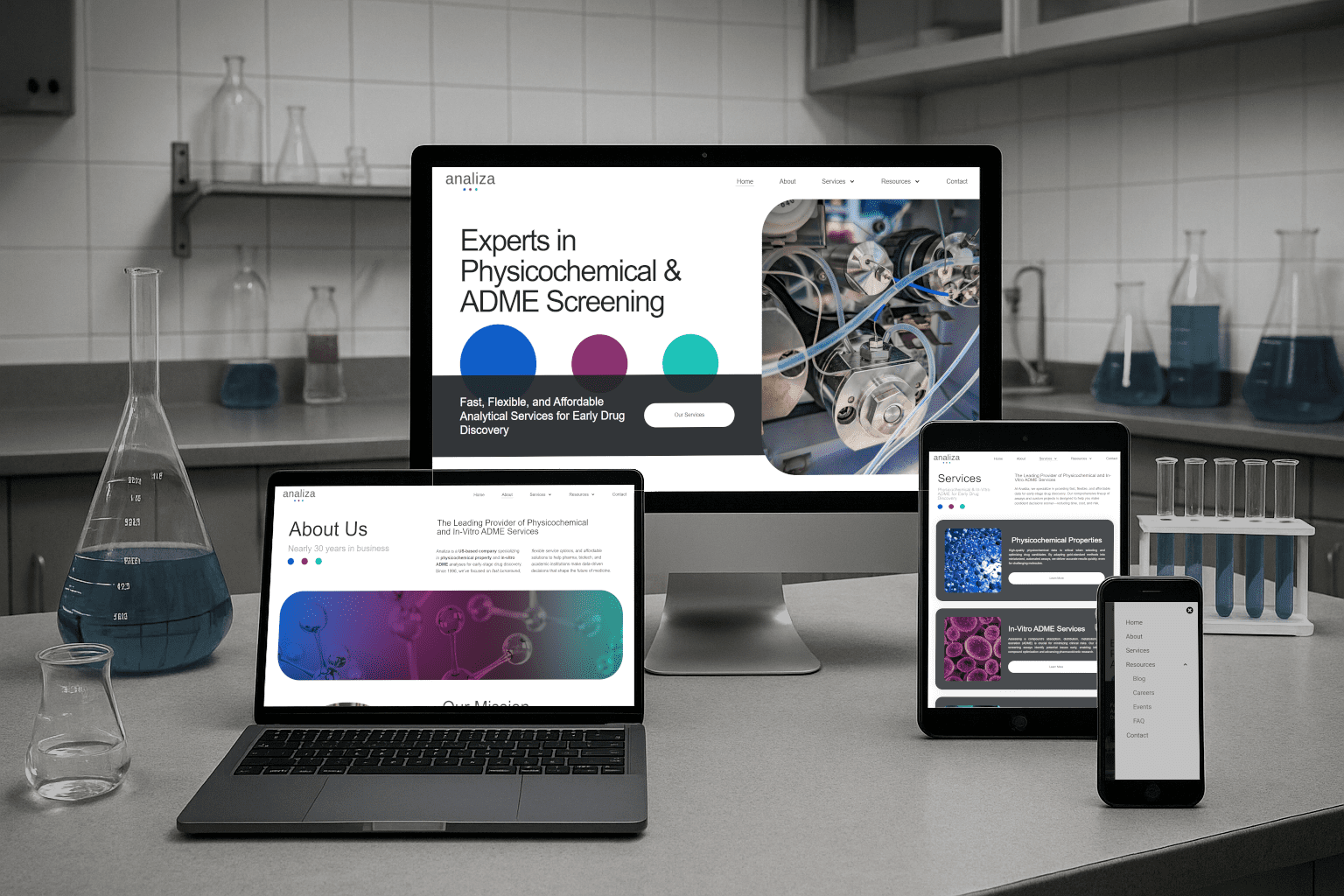 Analiza.com by CKreative Digital on multiple devices in a lab